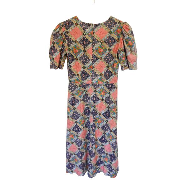 Vintage Patchwork Cotton Puff Sleeve Corset Midi Dress - Picture 4 of 6